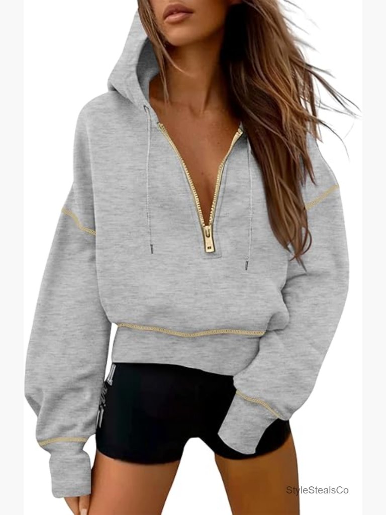 Half Zip Hooded Sweatshirt Fleece Long Sleeve Cropped Pullover Top